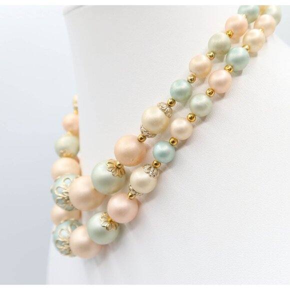 Vintage Mint & Blush Pink 2-Strand Beaded Necklace w/ Gold Tone Finishings - Picture 3 of 4